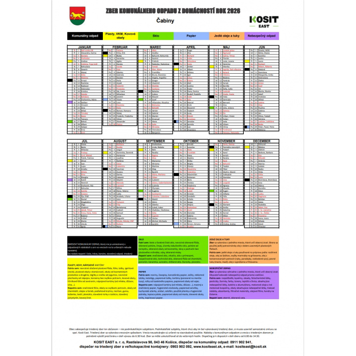 Harmonogram vývozu odpadu 2026